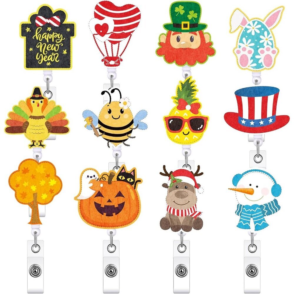 12 Pcs Christmas Badge Reels Rabbit Retractable Holiday Nurse Badge Clip Reels H